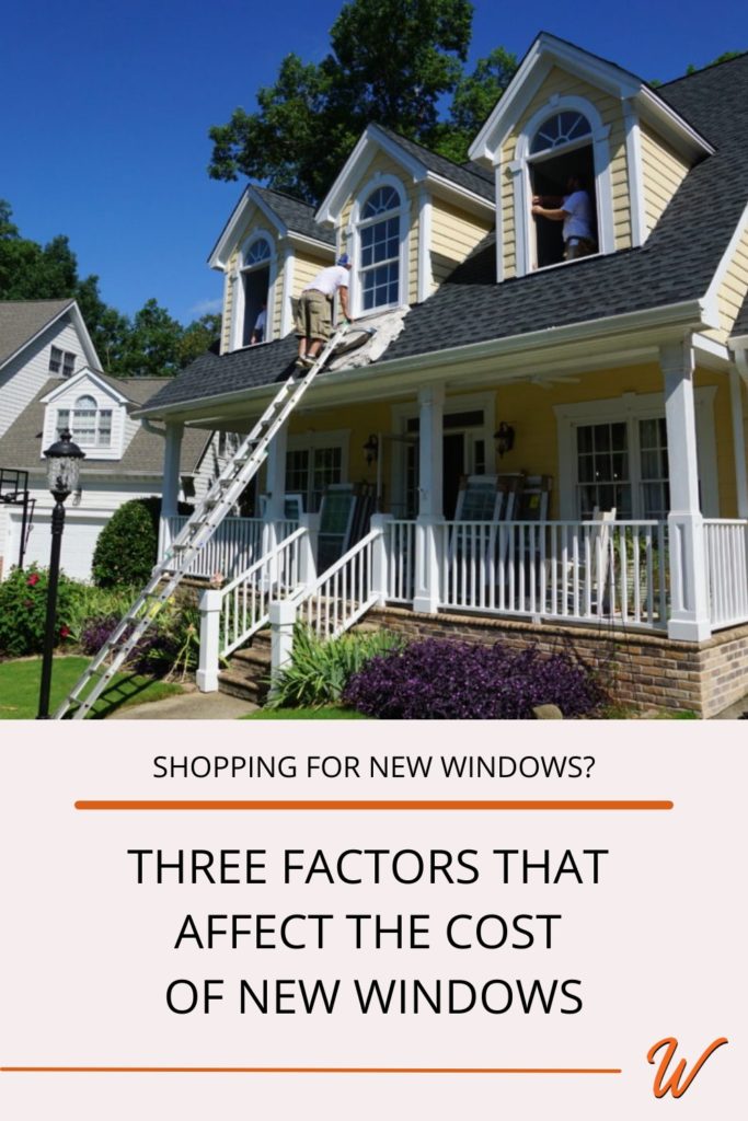 A man on a ladder replaces second story windows on a yellow house. Caption reads 