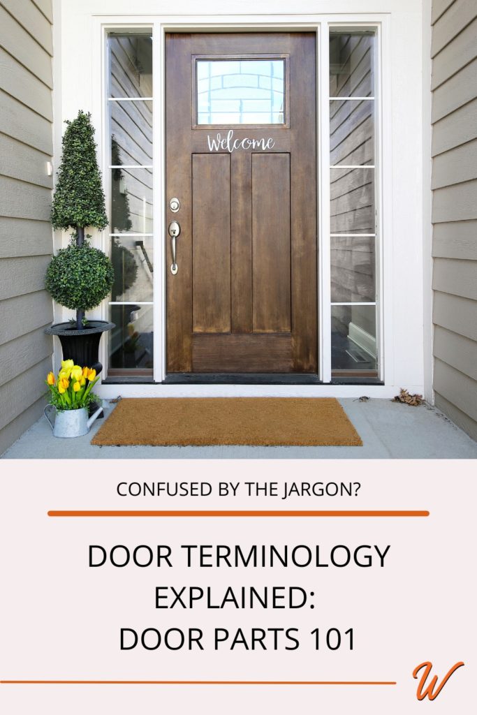 A wood craftsman door with dentil shelf and sidelites captioned with "confused by the jargon? Door Terminology Explained: Door Parts 101"