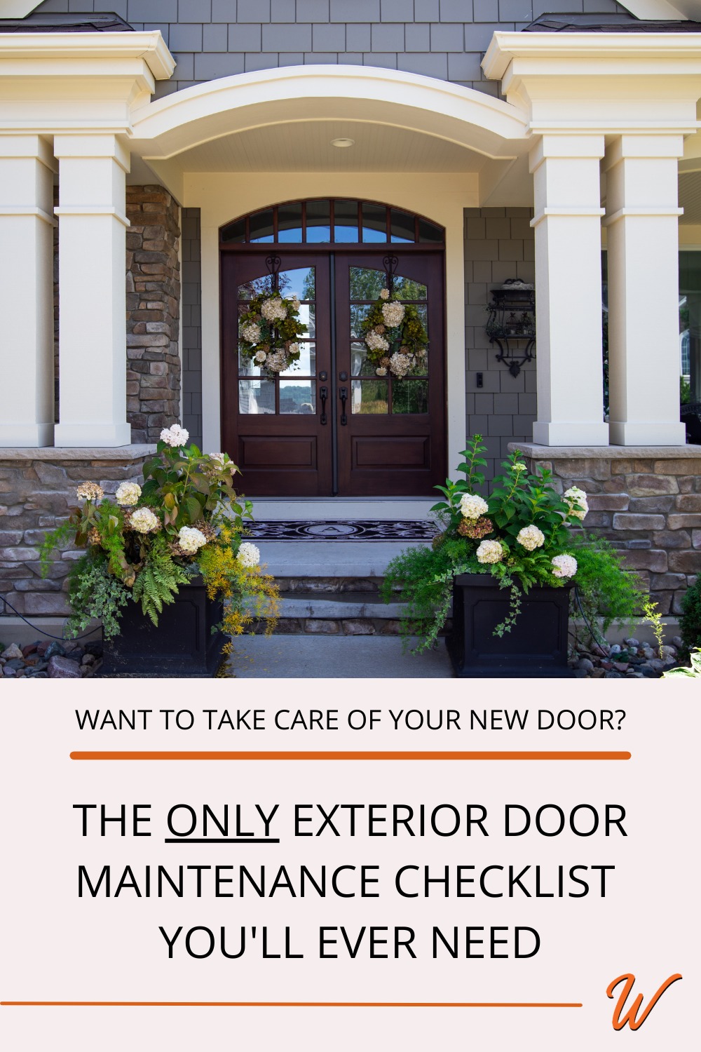 A craftsman style front porch with double columns either side of the front door, potted hydrangeas, and an arch-top wood double door with 3/4 light captioned with 