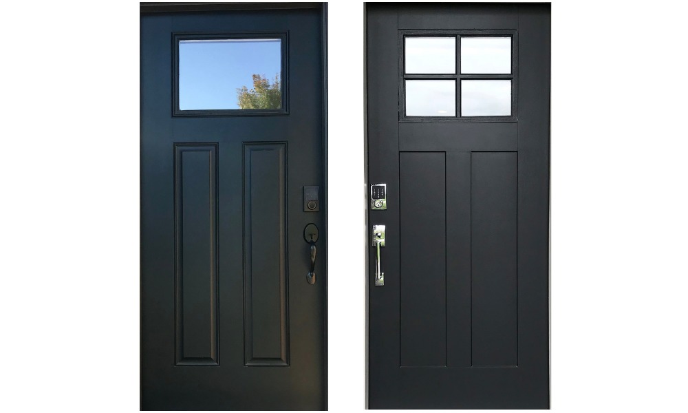 two black doors with quarter lights showing examples of different sticking profiles