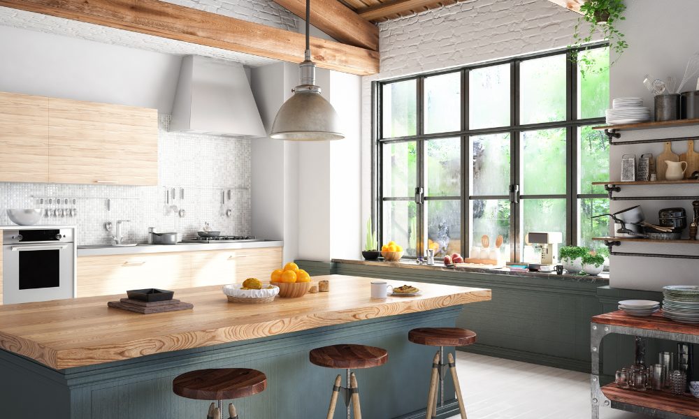 modern farmhouse kitchen with large 16-pane window on a rainy day