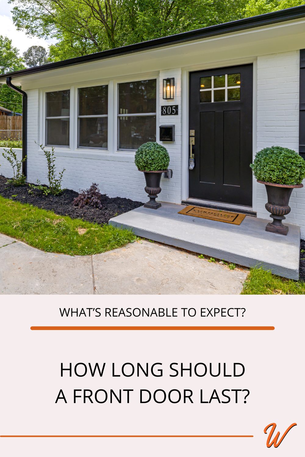 white brick bungalow with a black fiberglass door captioned with "What's reasonable to expect? How Long should a front door last?"