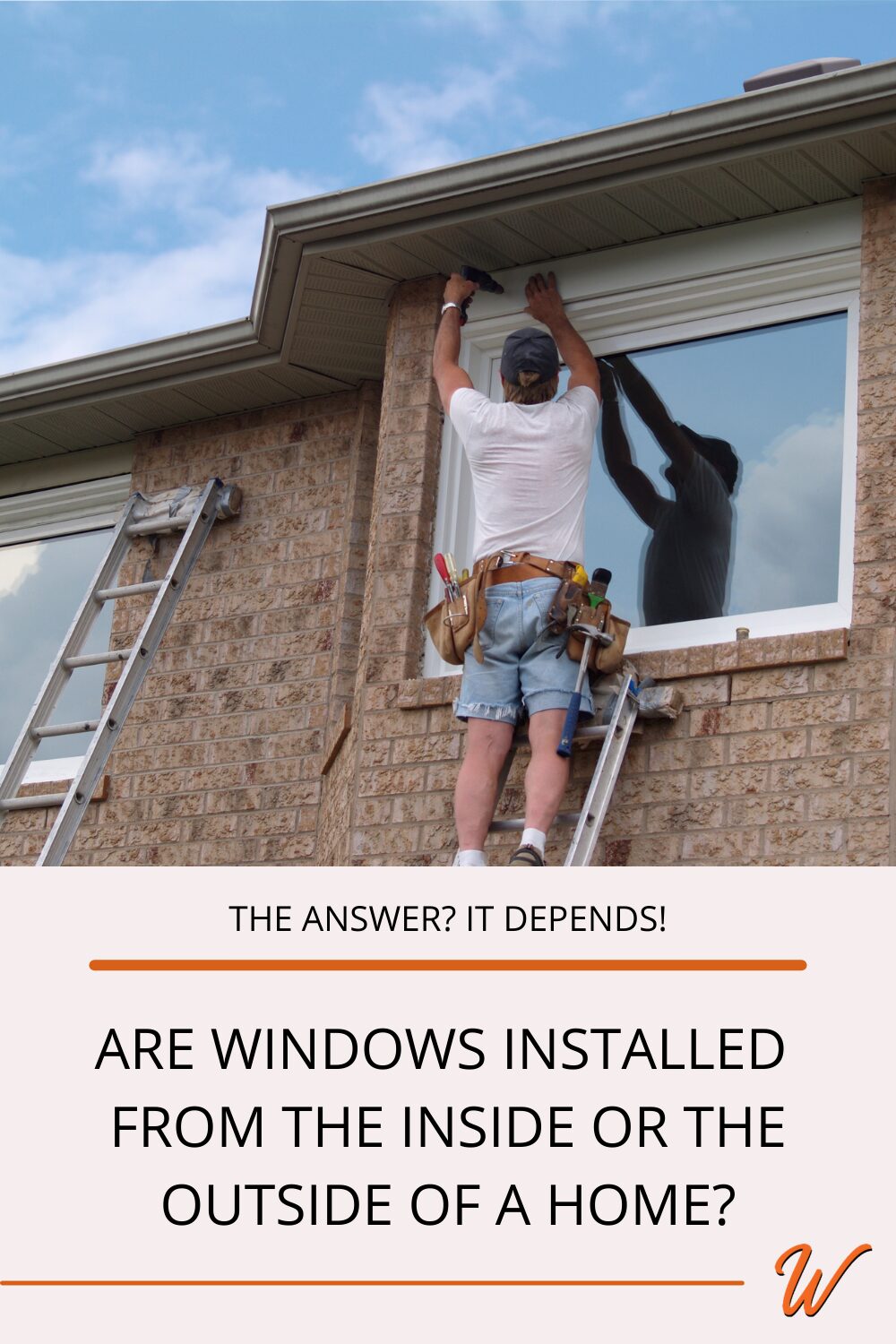 man standing on a ladder installing a picture window outside a brick home